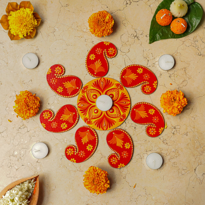 Hand-Painted Dot Mandala Floral MDF Wood Rangoli | Set Of 8