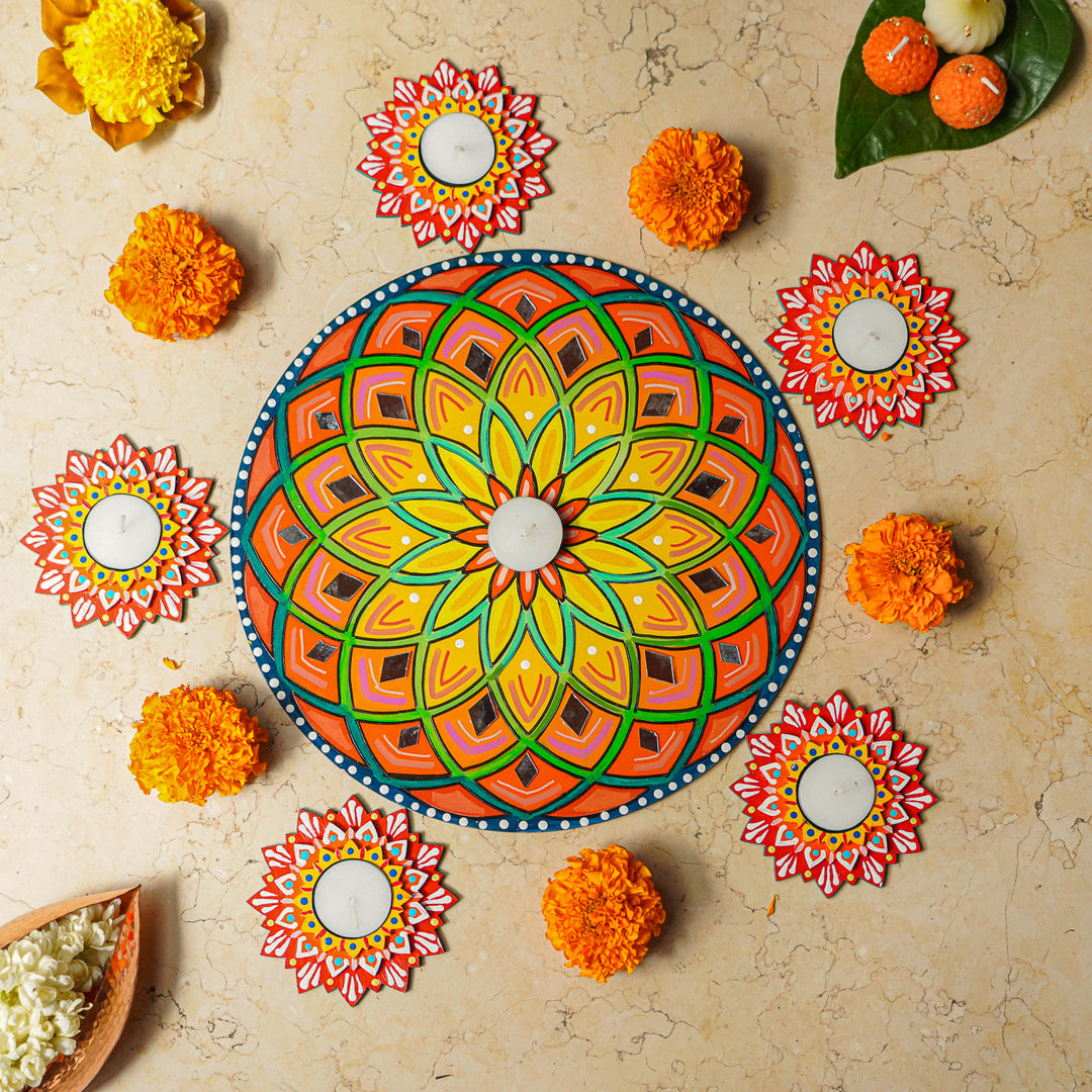 Hand-Painted Mirror Work Round Spiral Rangoli | Set Of 6