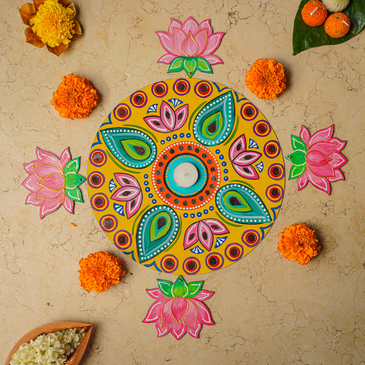 Hand-Painted Mirror Work Lotus Theme MDF Wood Rangoli | Set Of 5