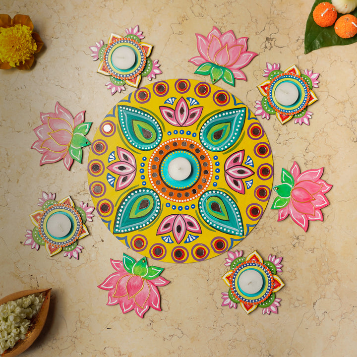 Hand-Painted Mirror Work Round Floral MDF Wood Rangoli | Set Of 9