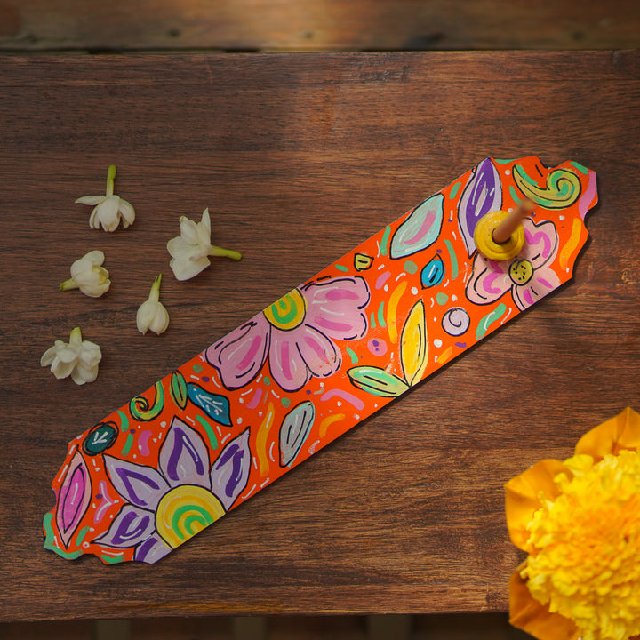 Hand-Painted Orange Floral Wooden Incense Holder