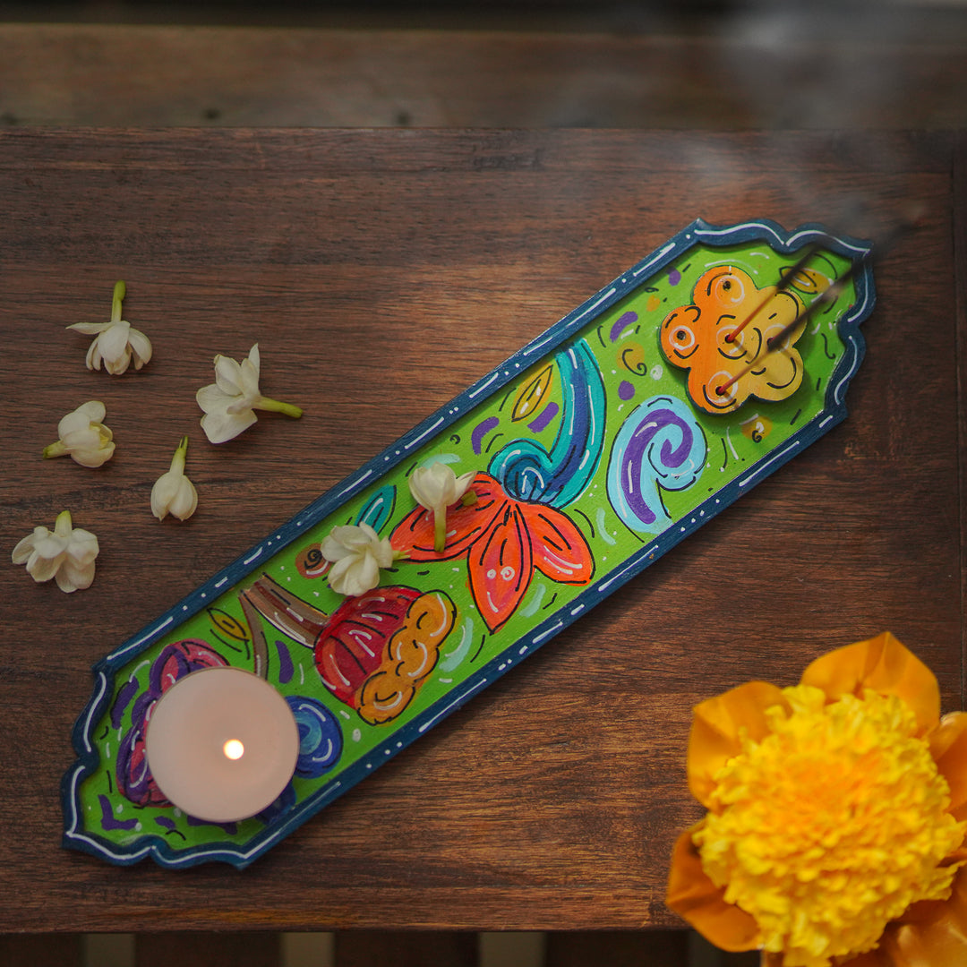 Hand-Painted Green Floral Wooden Incense Holder