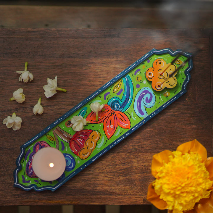 Hand-Painted Green Floral Wooden Incense Holder