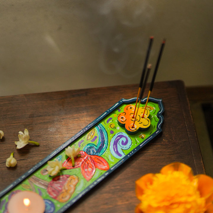 Hand-Painted Green Floral Wooden Incense Holder