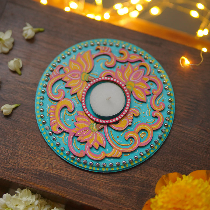 Hand-Painted Round Decorative Lotus MDF Wood Tealight Holder