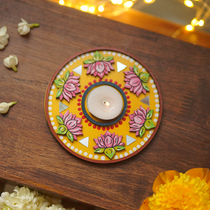 Hand-Painted Mirror Work Round Lotus MDF Wood Tealight Holder