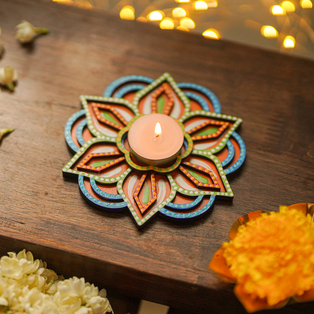 Hand-Painted Dot Art Multicolor MDF Wood Tealight Holder | Set Of 2