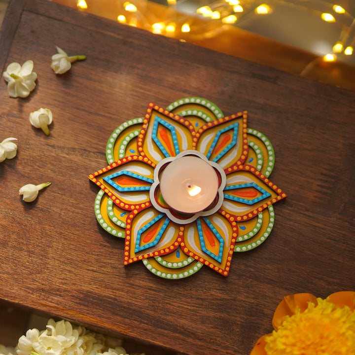 Hand-Painted Dot Art Multicolor MDF Wood Tealight Holder | Set Of 2