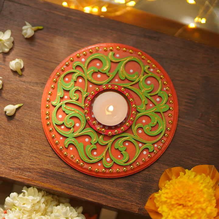 Hand-Painted Round Red & Green MDF Wood Tealight Holder