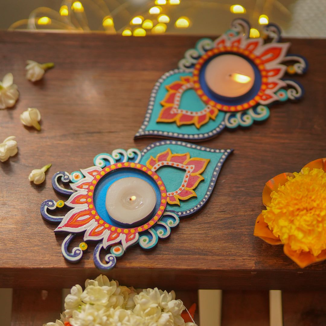 Hand-Painted Jalaj MDF Wood Tealight Holder | Set Of 2