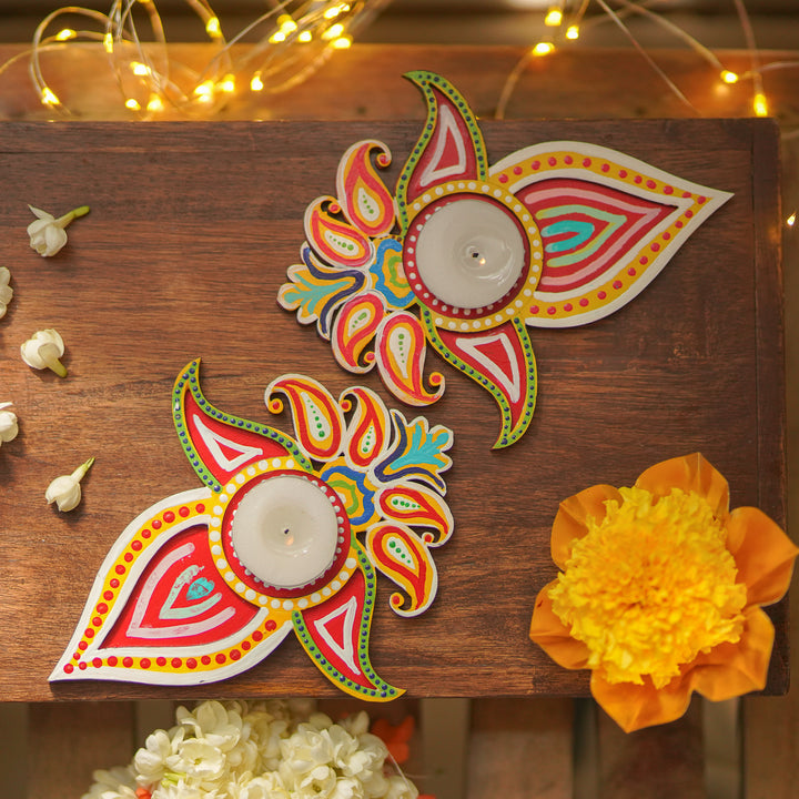 Hand-Painted Pallavam MDF Wood Tealight Holder | Set Of 2