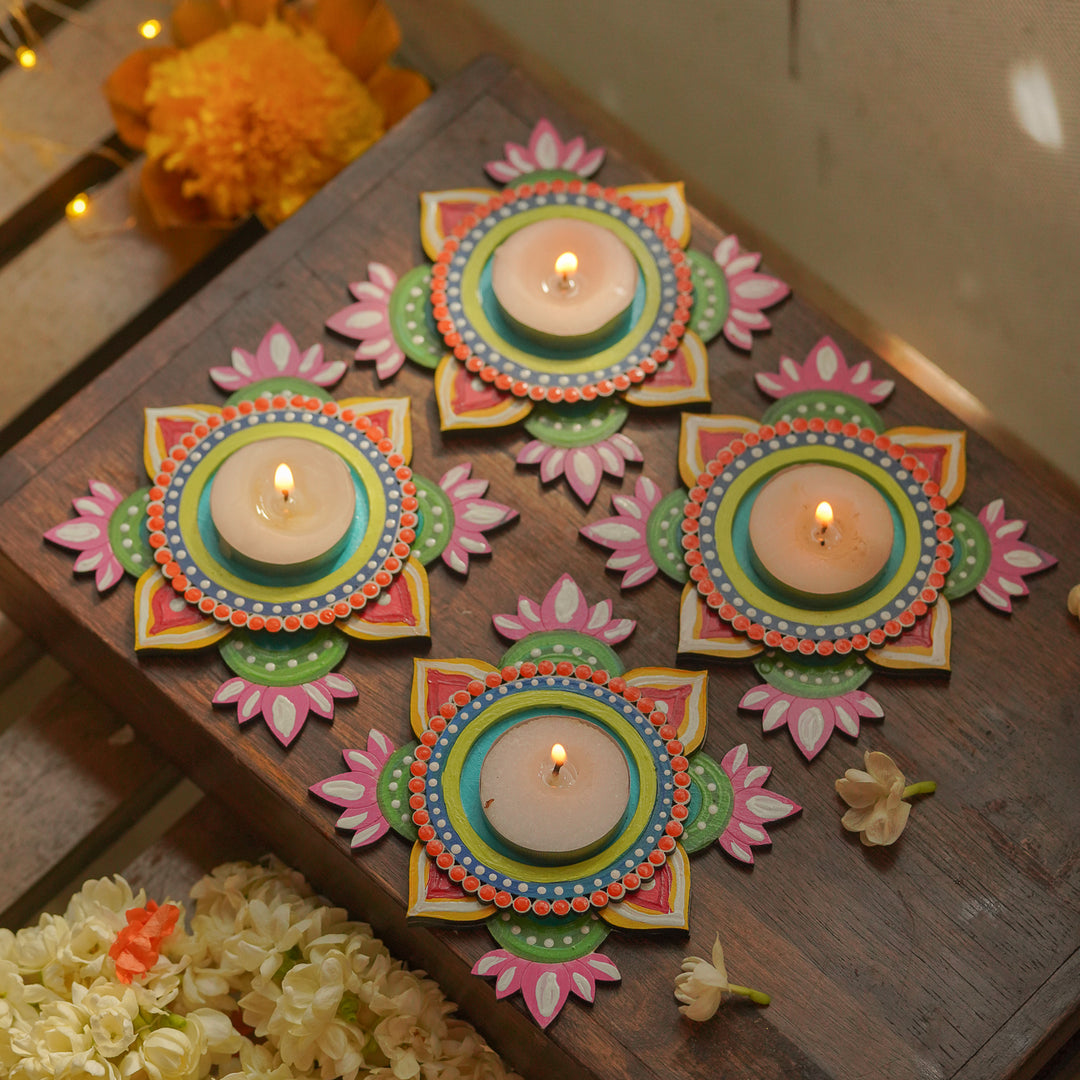 Hand-Painted Decorative Lotus MDF Wood Tealight Holder