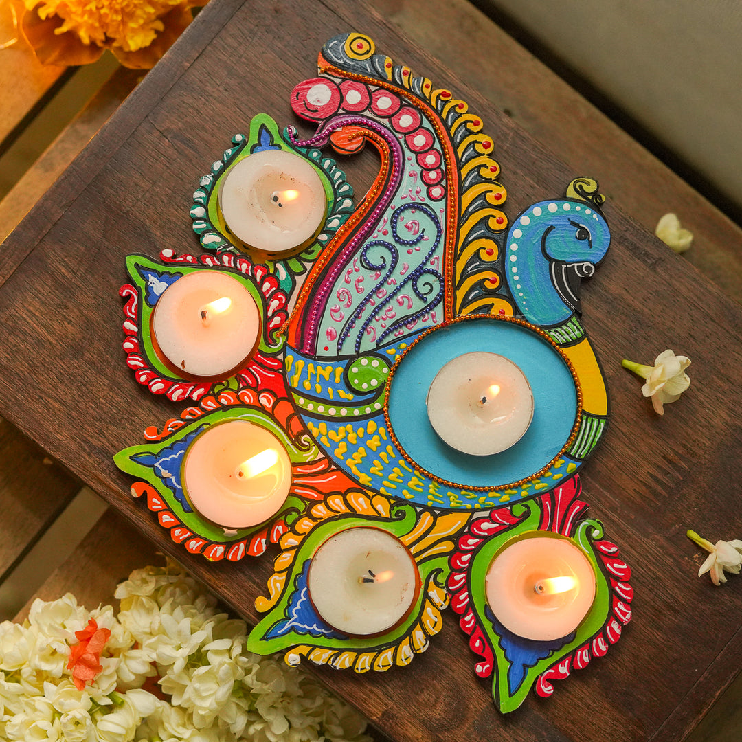 Hand-Painted Multicolor Peacock MDF Wood Tealight Holder