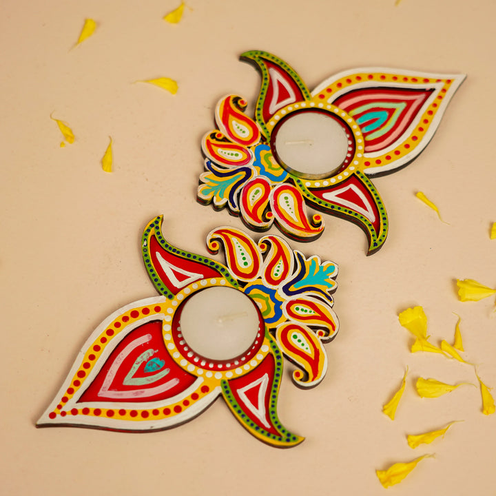 Hand-Painted Pallavam MDF Wood Tealight Holder | Set Of 2