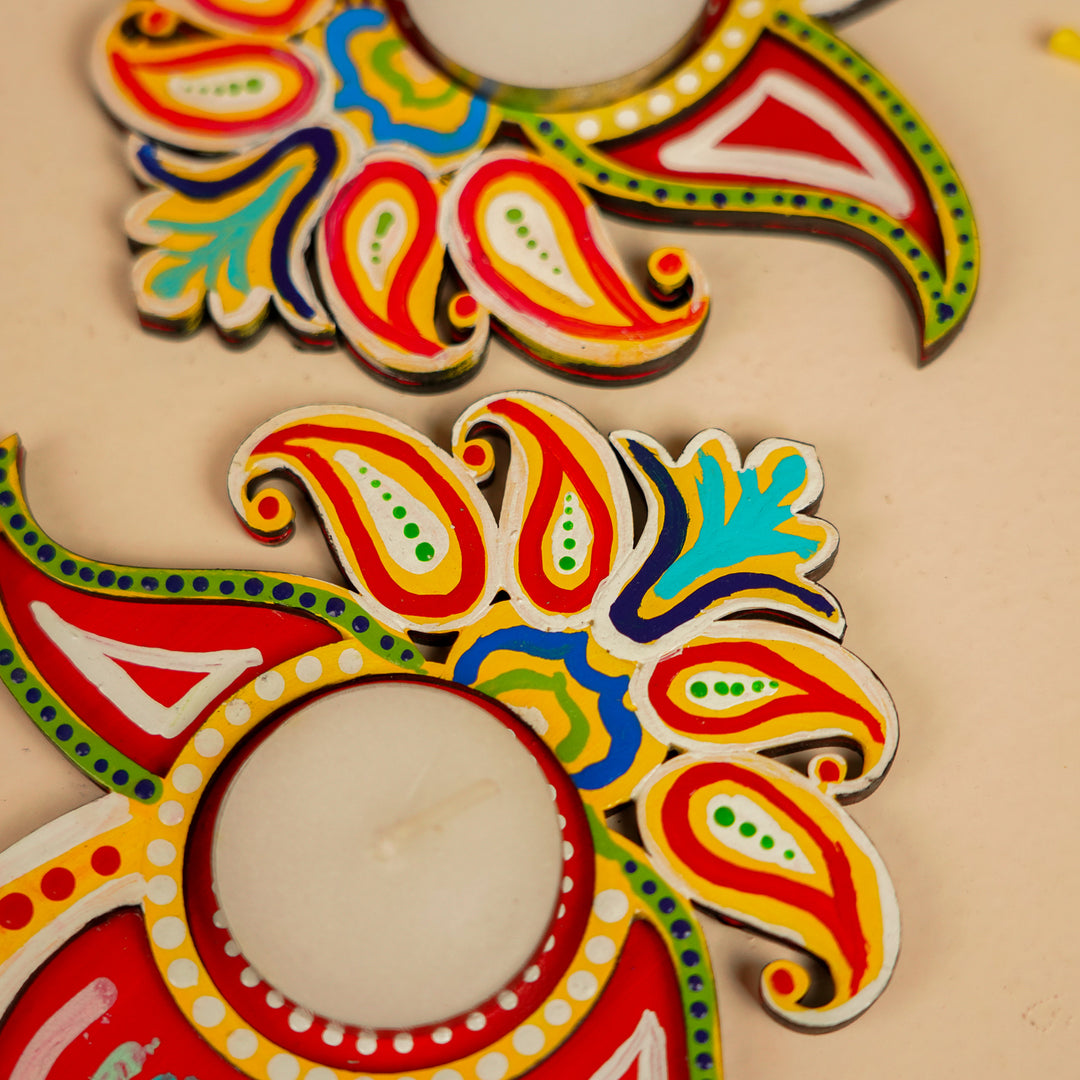 Hand-Painted Pallavam MDF Wood Tealight Holder | Set Of 2