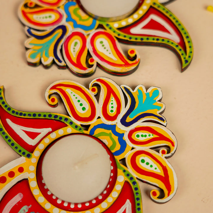 Hand-Painted Pallavam MDF Wood Tealight Holder | Set Of 2