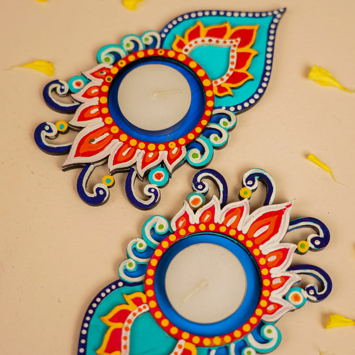 Hand-Painted Jalaj MDF Wood Tealight Holder | Set Of 2