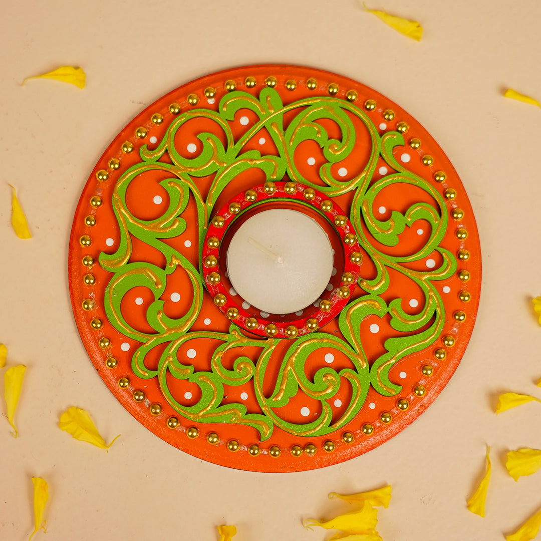 Hand-Painted Round Red & Green MDF Wood Tealight Holder
