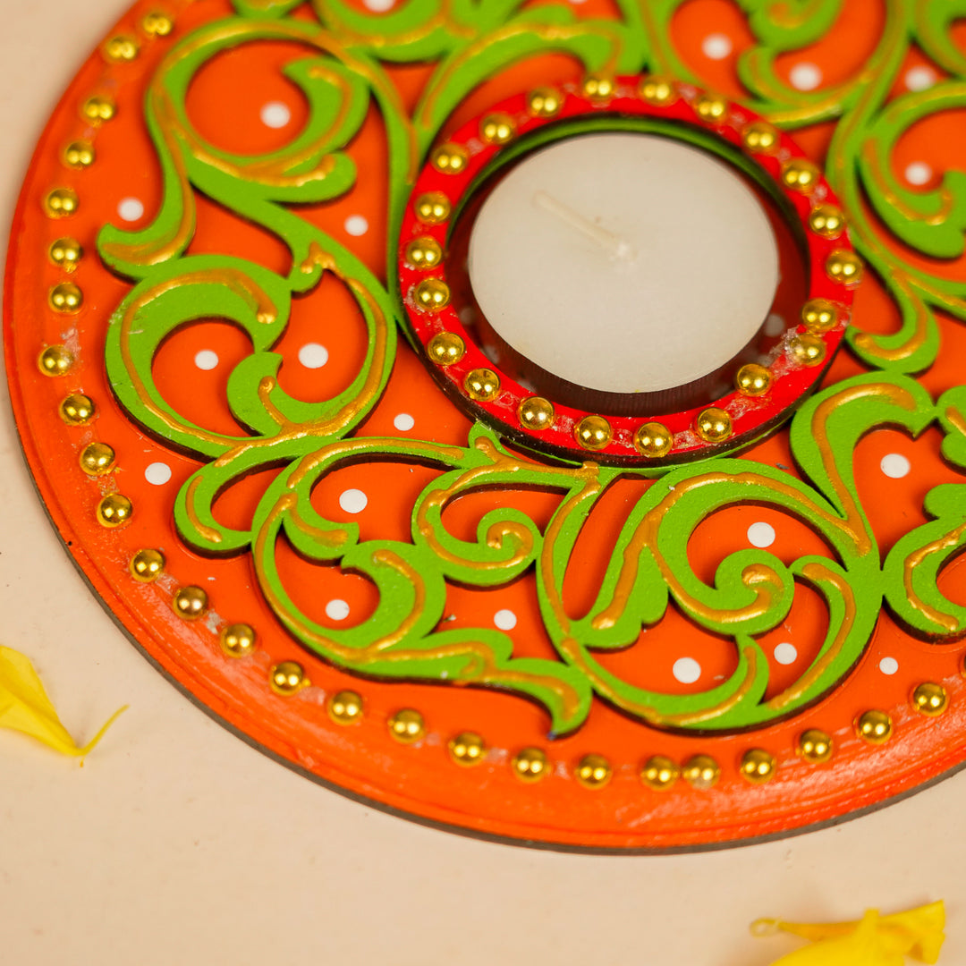 Hand-Painted Round Red & Green MDF Wood Tealight Holder