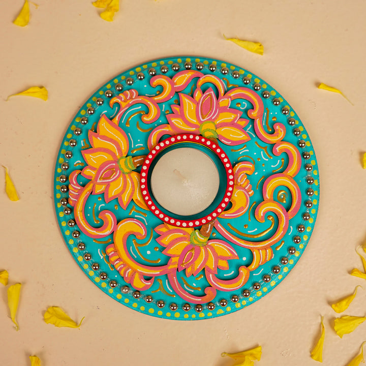 Hand-Painted Round Decorative Lotus MDF Wood Tealight Holder