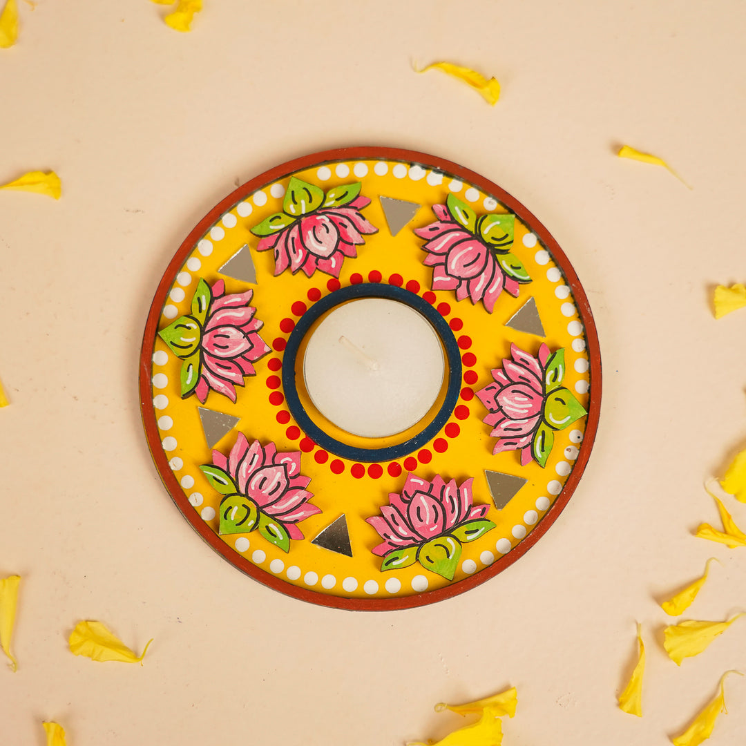 Hand-Painted Mirror Work Round Lotus MDF Wood Tealight Holder
