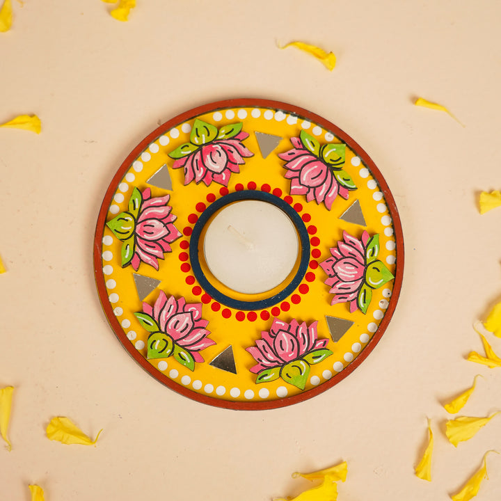 Hand-Painted Mirror Work Round Lotus MDF Wood Tealight Holder