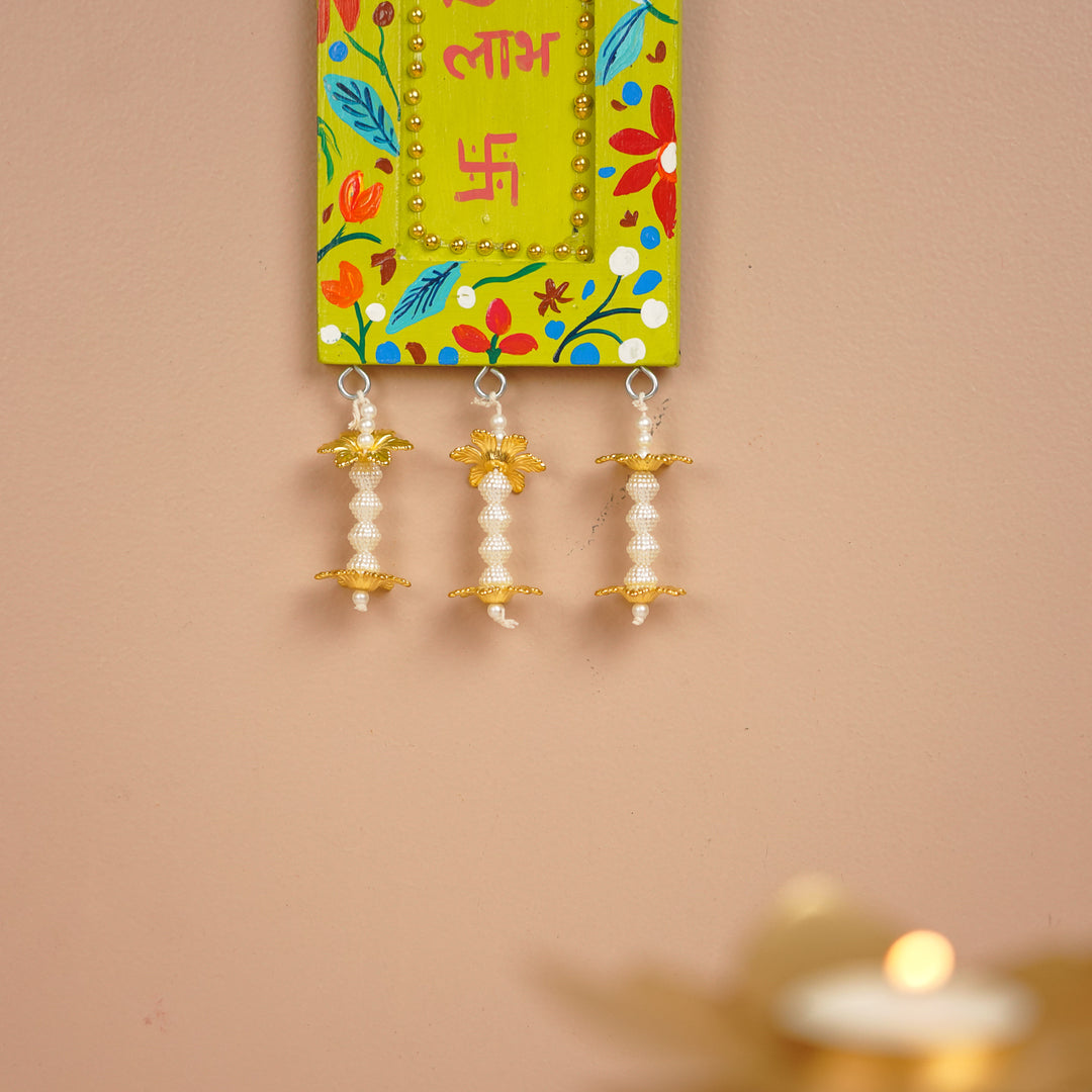 Hand-Painted Green Shubh Labh Jharokha MDF Wood Hanging | Set Of 2