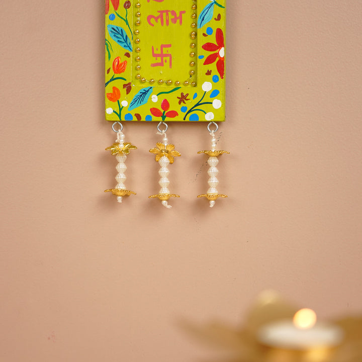 Hand-Painted Green Shubh Labh Jharokha MDF Wood Hanging | Set Of 2