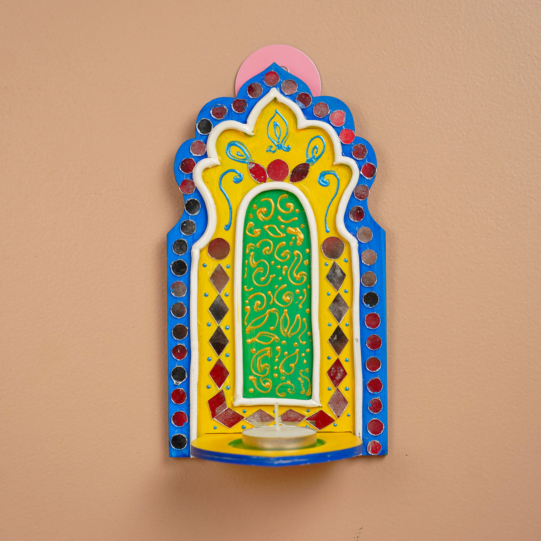 Hand-Painted Mirror Work Lippan MDF Wood Tealight Holder