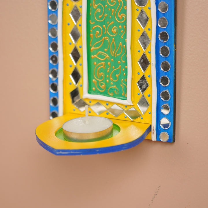 Hand-Painted Mirror Work Lippan MDF Wood Tealight Holder