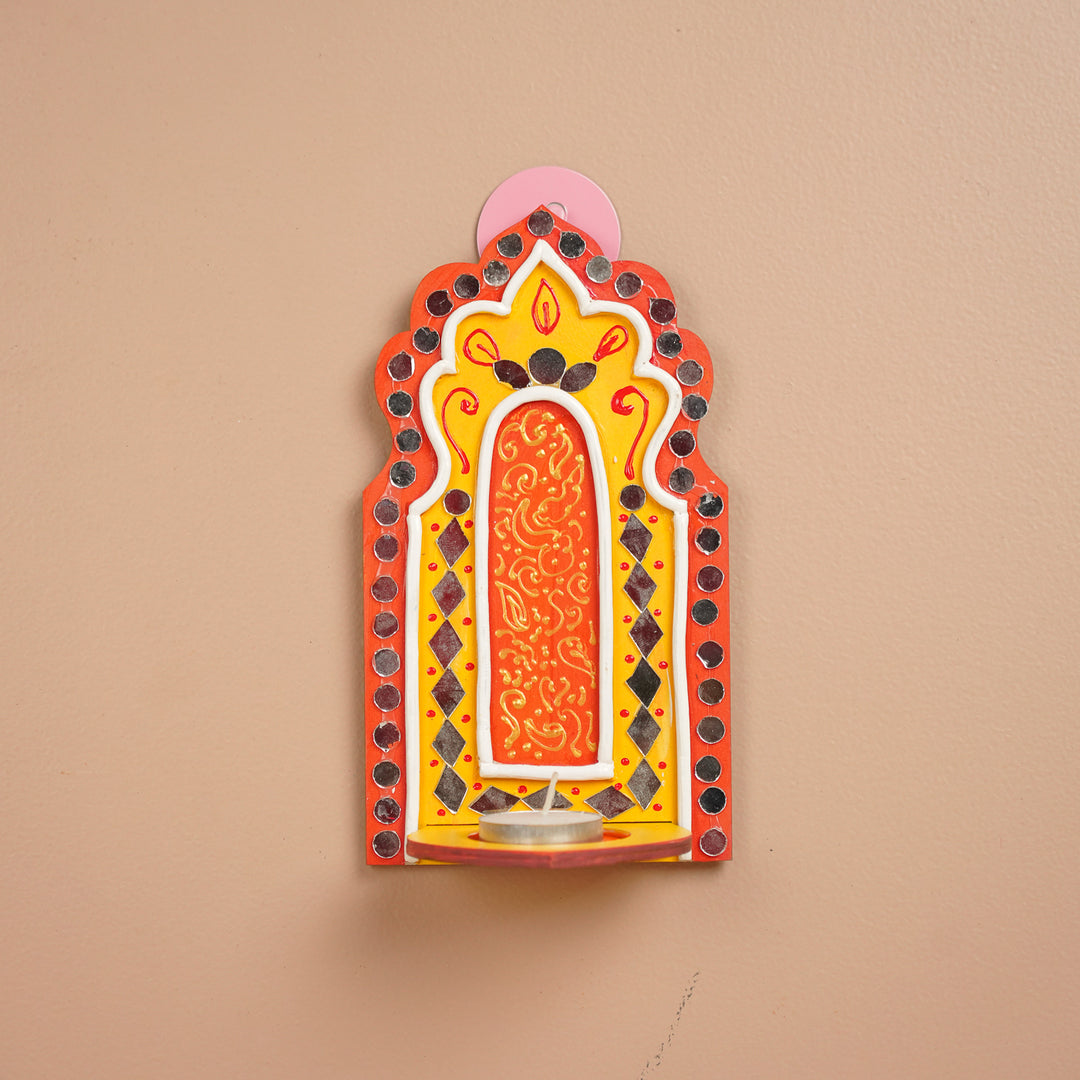 Hand-Painted Mirror Work Lippan MDF Wood Tealight Holder