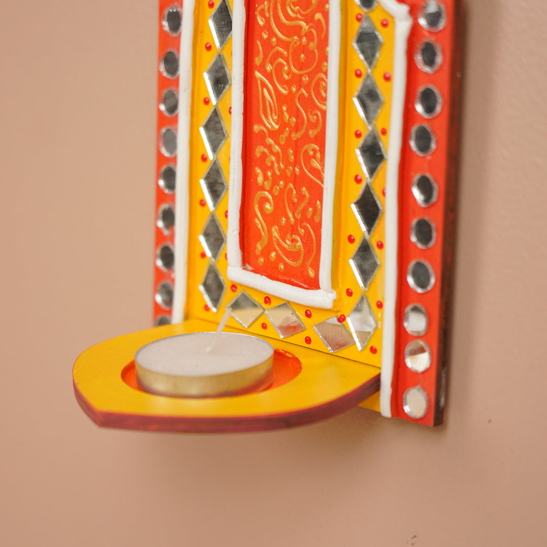Hand-Painted Mirror Work Lippan MDF Wood Tealight Holder