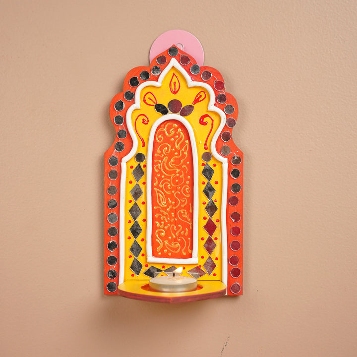 Hand-Painted Mirror Work Lippan MDF Wood Tealight Holder