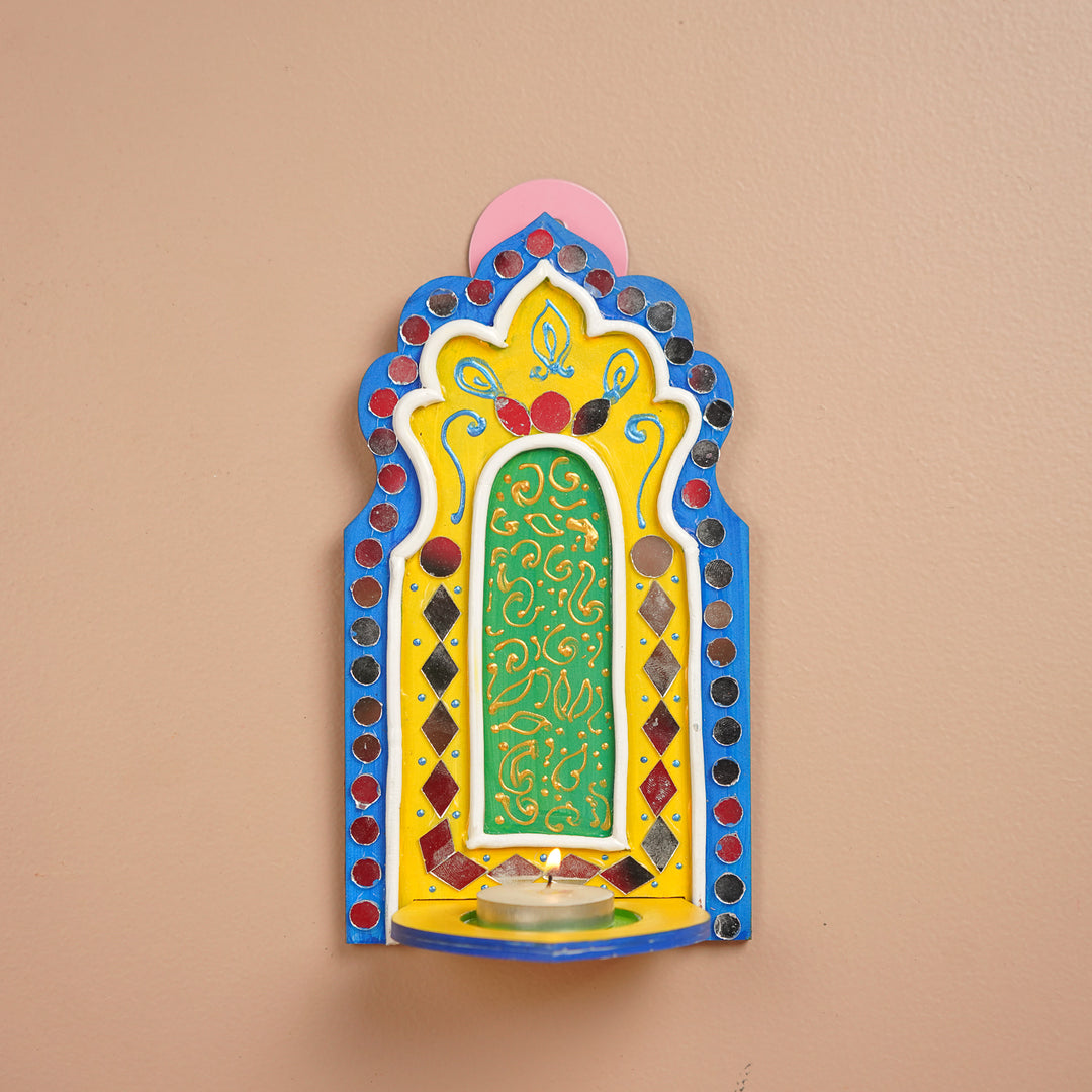Hand-Painted Mirror Work Lippan MDF Wood Tealight Holder