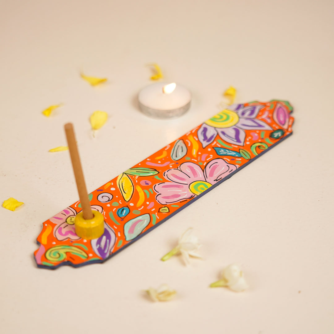 Hand-Painted Orange Floral Wooden Incense Holder