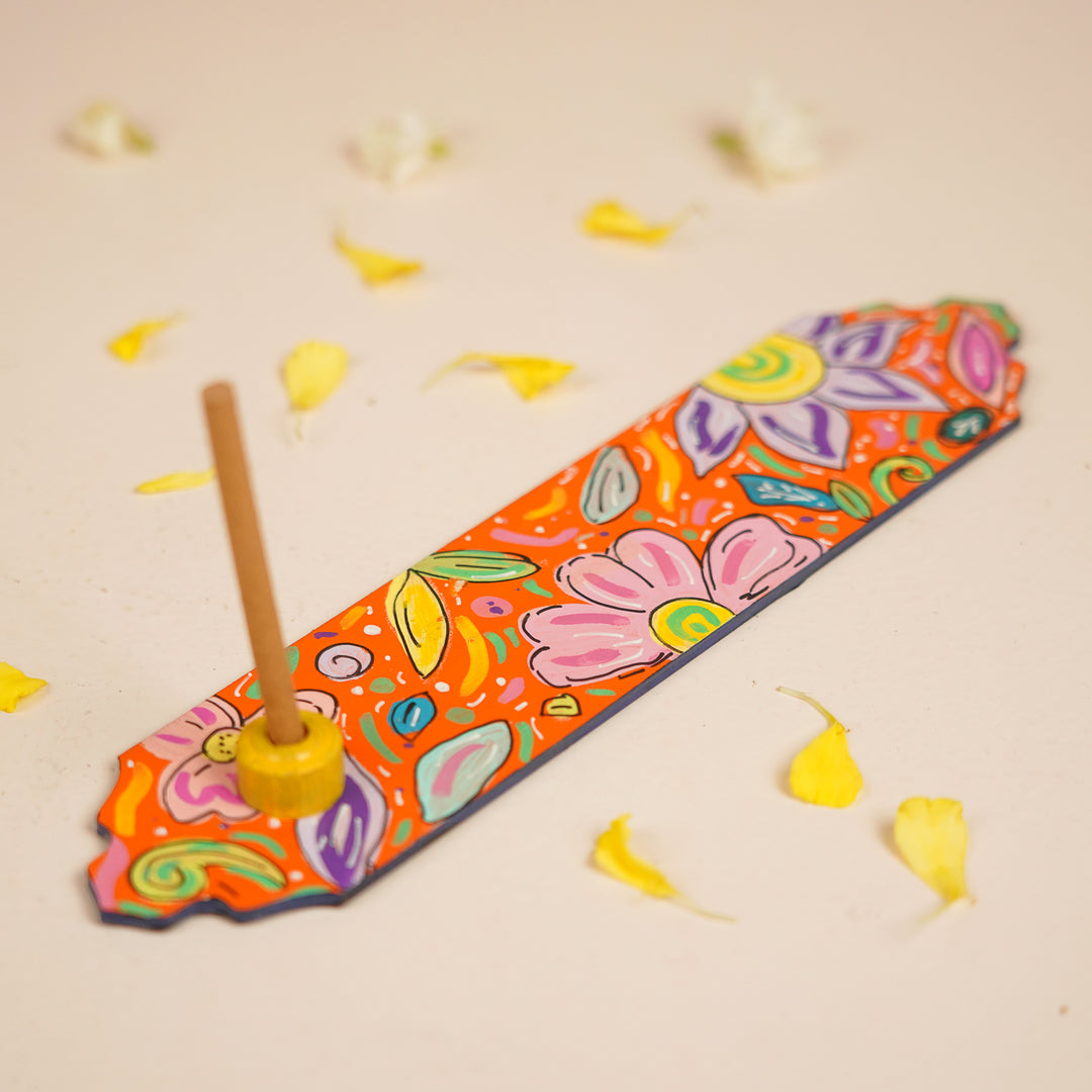 Hand-Painted Orange Floral Wooden Incense Holder