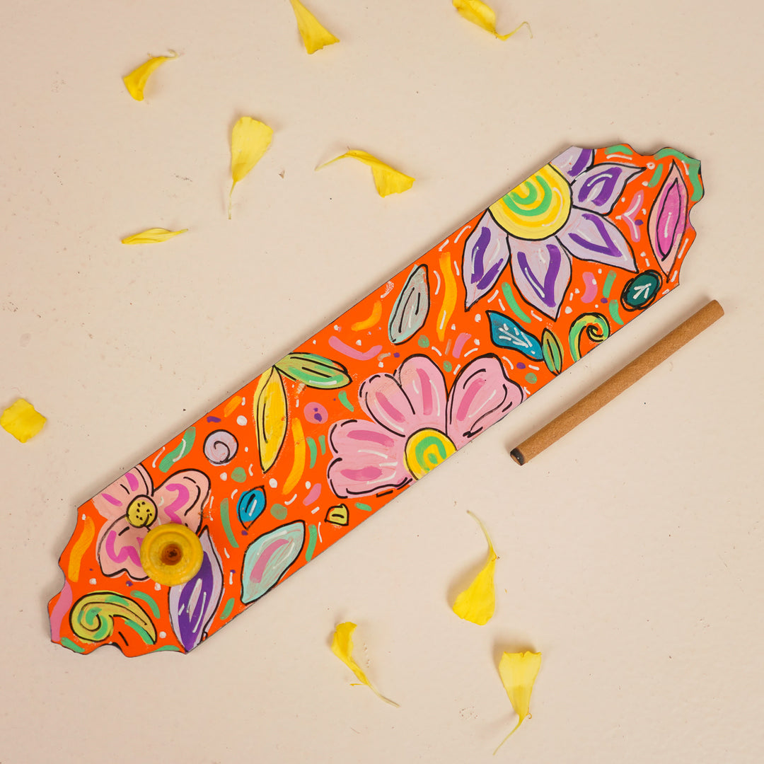 Hand-Painted Orange Floral Wooden Incense Holder