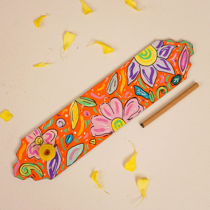 Hand-Painted Orange Floral Wooden Incense Holder