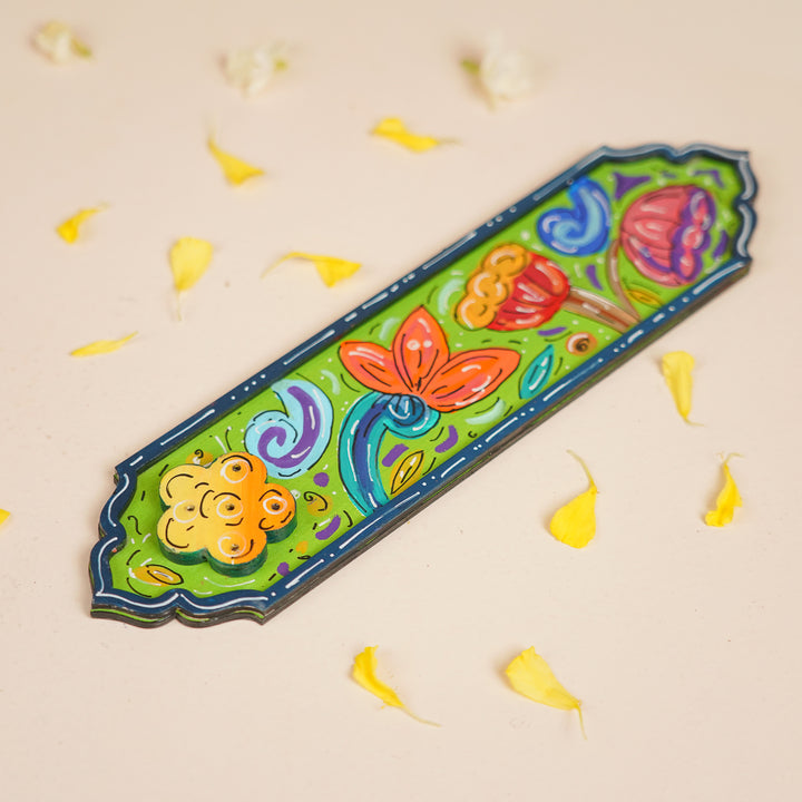 Hand-Painted Green Floral Wooden Incense Holder