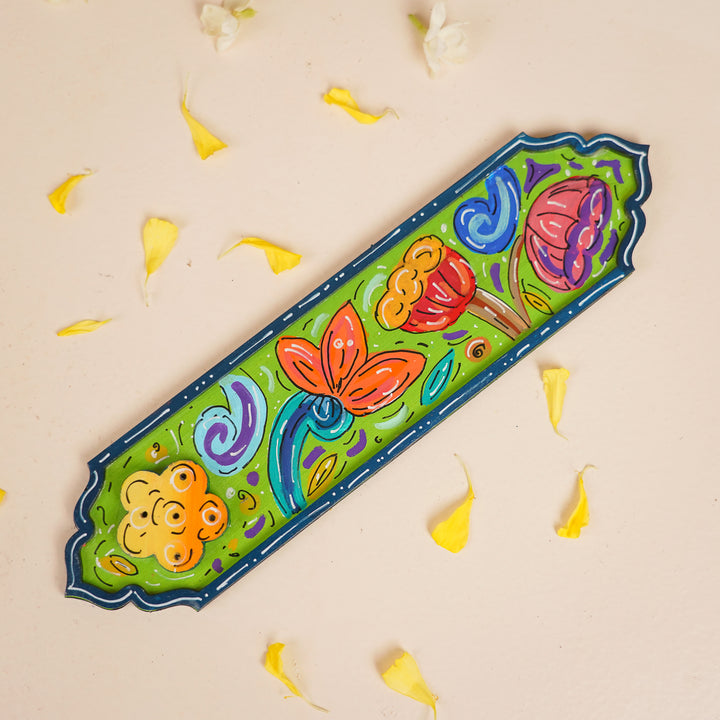 Hand-Painted Green Floral Wooden Incense Holder