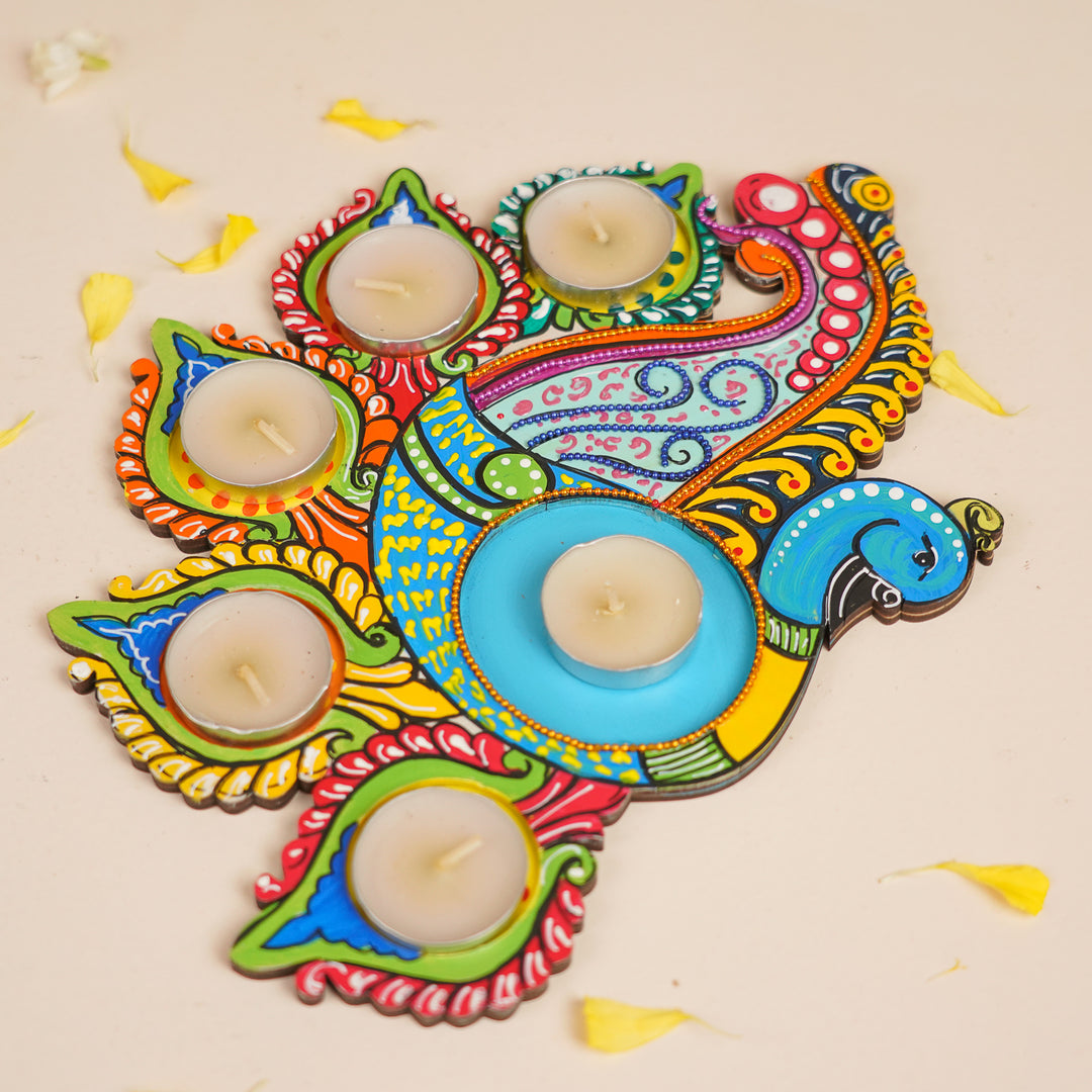 Hand-Painted Multicolor Peacock MDF Wood Tealight Holder