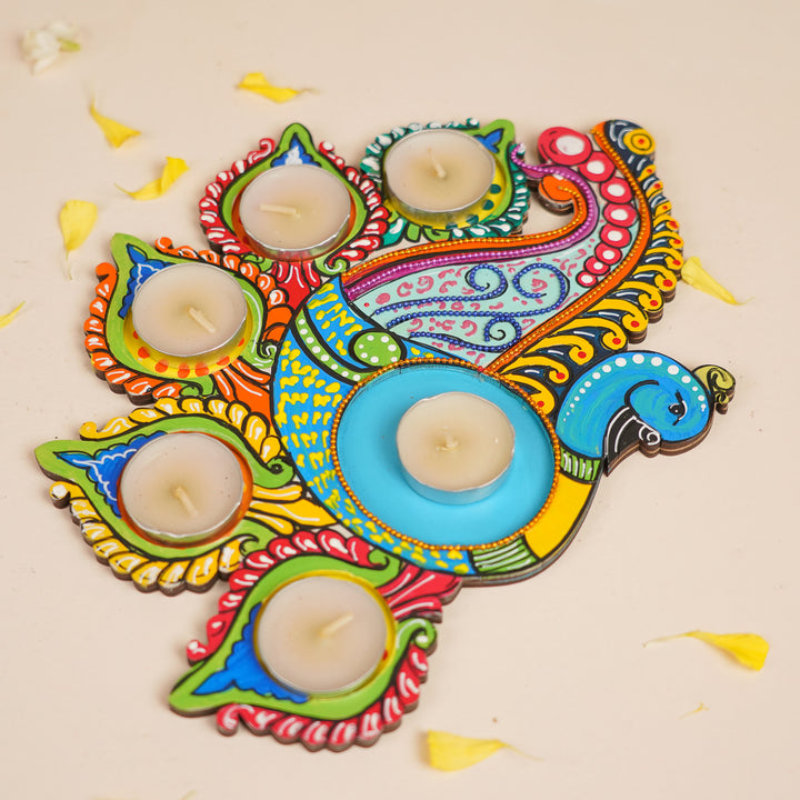 Hand-Painted Multicolor Peacock MDF Wood Tealight Holder