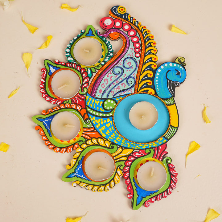 Hand-Painted Multicolor Peacock MDF Wood Tealight Holder