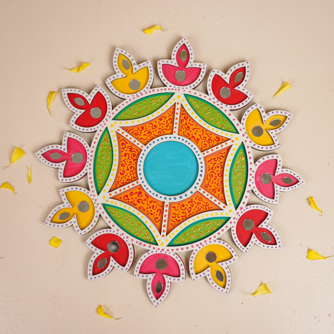 Hand-Painted Mirror Work Multicolor Diya Rangoli