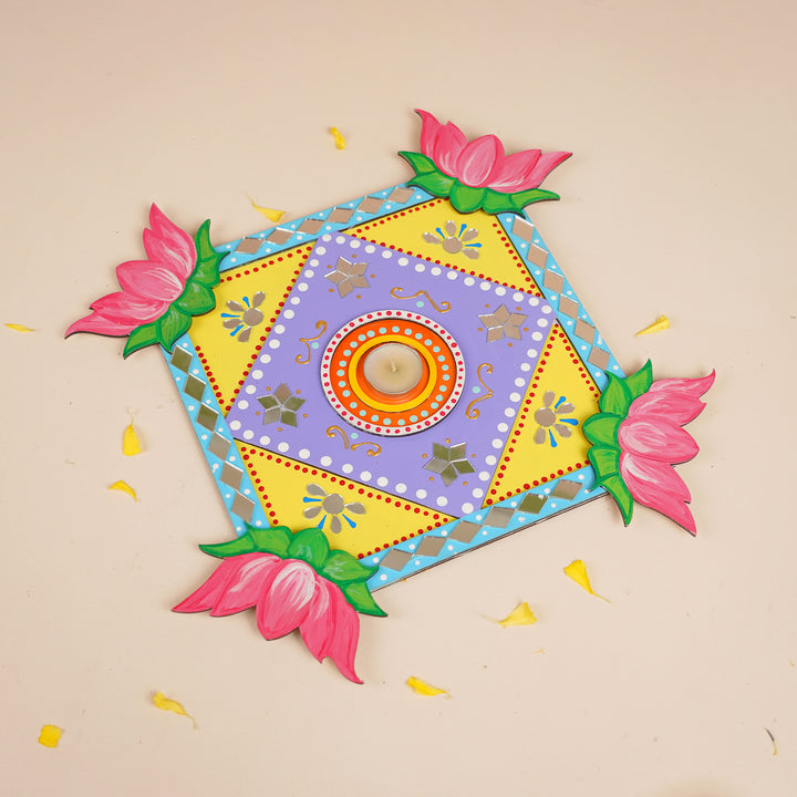 Hand-Painted Mirror Work Decorative Lotus Rangoli