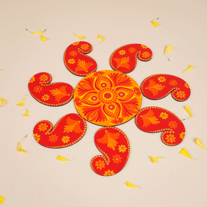 Hand-Painted Dot Mandala Floral MDF Wood Rangoli | Set Of 8
