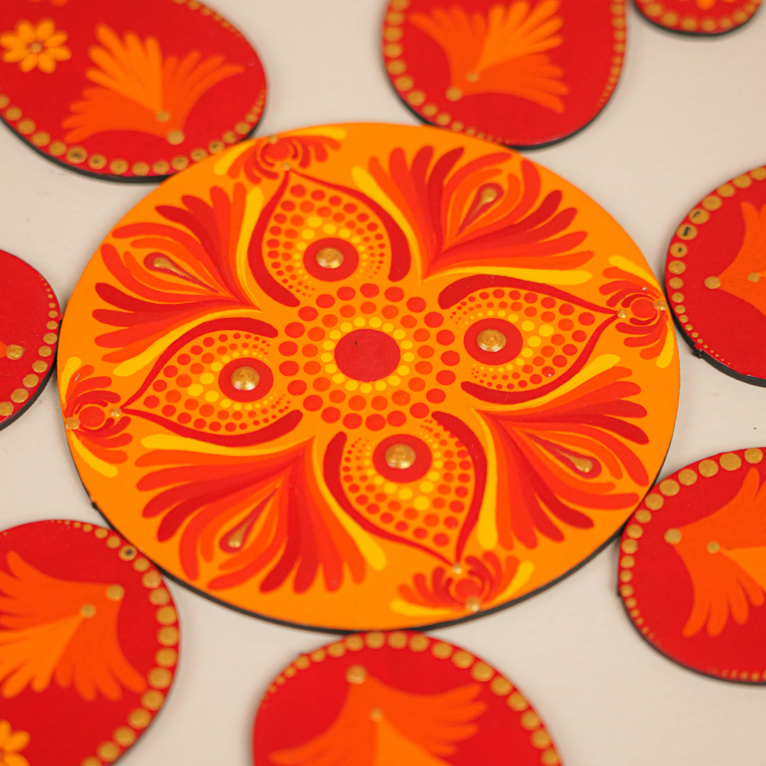 Hand-Painted Dot Mandala Floral MDF Wood Rangoli | Set Of 8