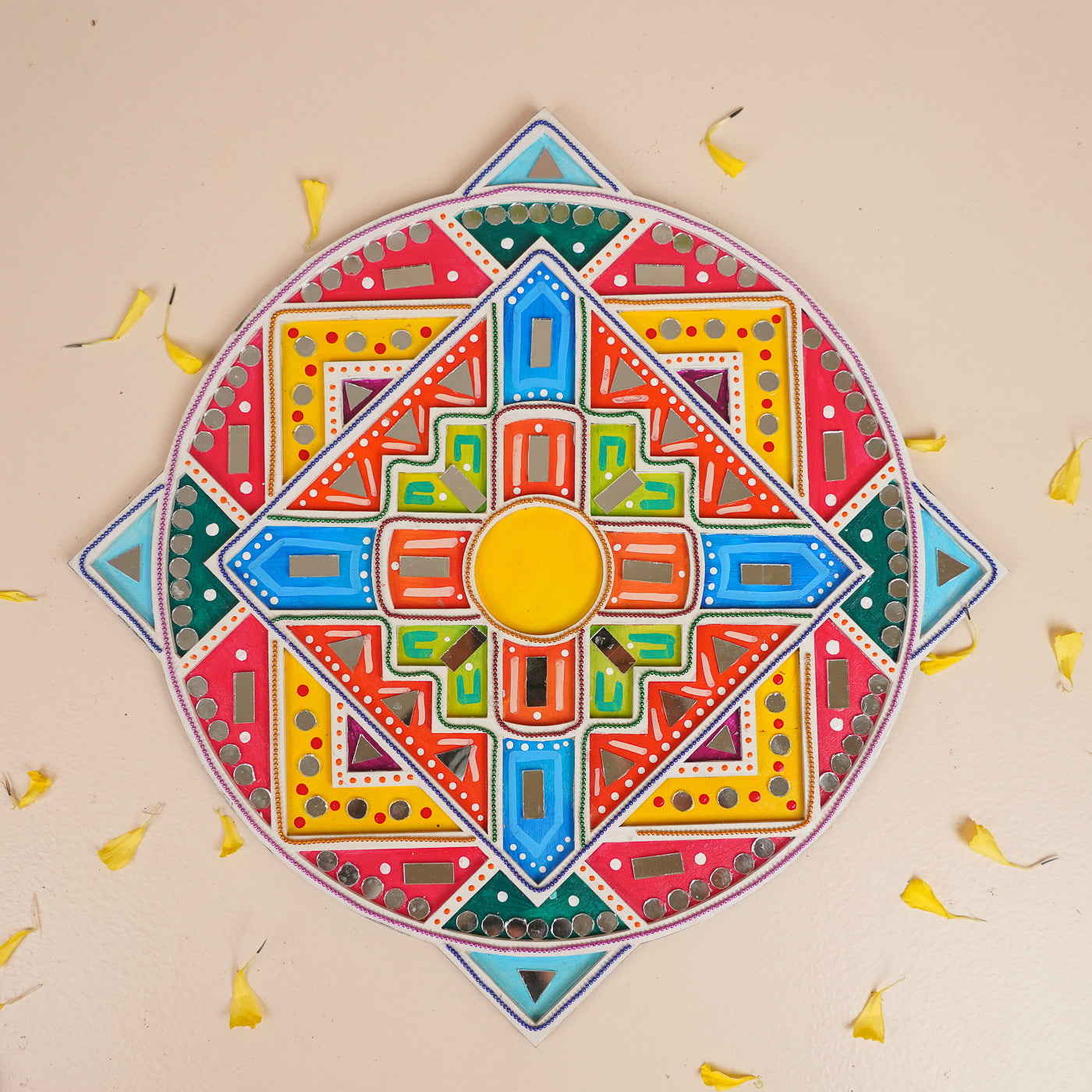 Buy Hand-Painted Mirror Work Multicolor Layered Rangoli Online On Zwende