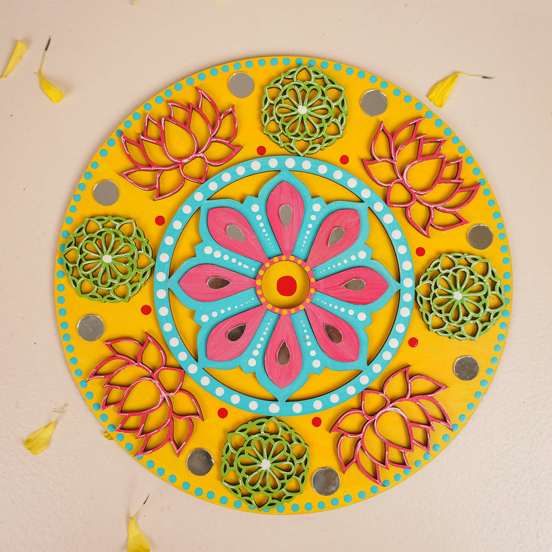 Hand-Painted Mirror Work Lotus Bloom Rangoli