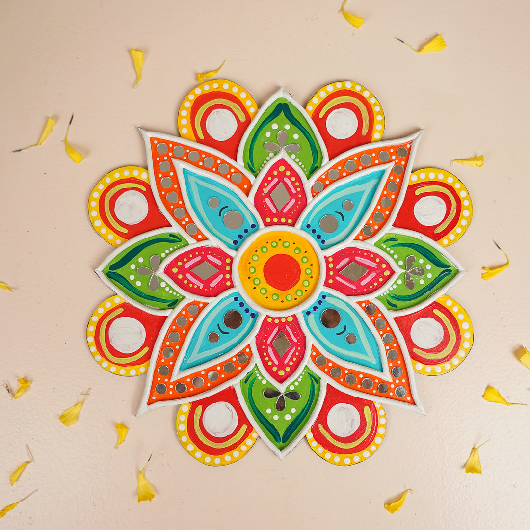 Hand-Painted Mirror Work Multicolor Flower Rangoli